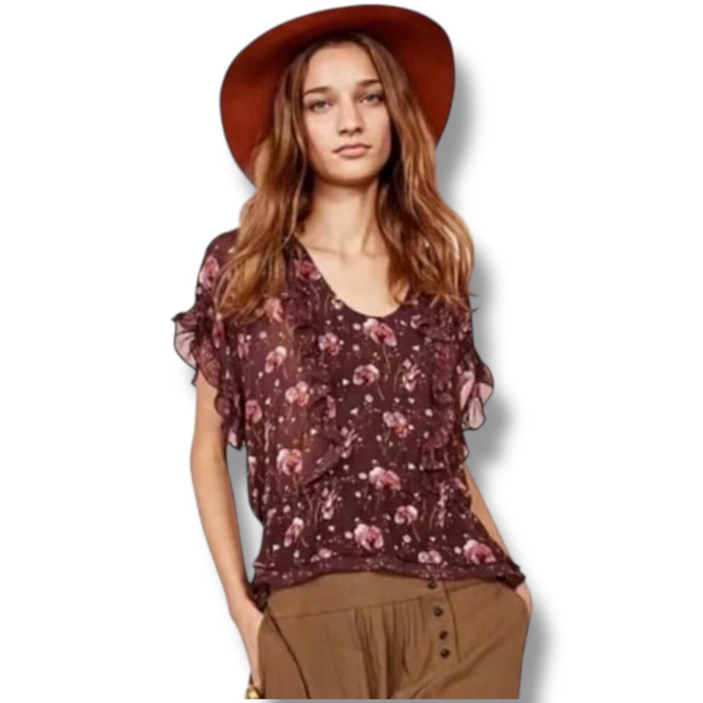 ULLA JOHNSON Leif Floral Silk Ruffle & Cinch Tassel Tie Blouse  Wine sz 0